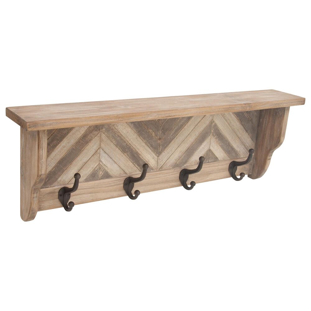 Maple and Jade 32" Wall Shelf with Hooks in Brown, , large