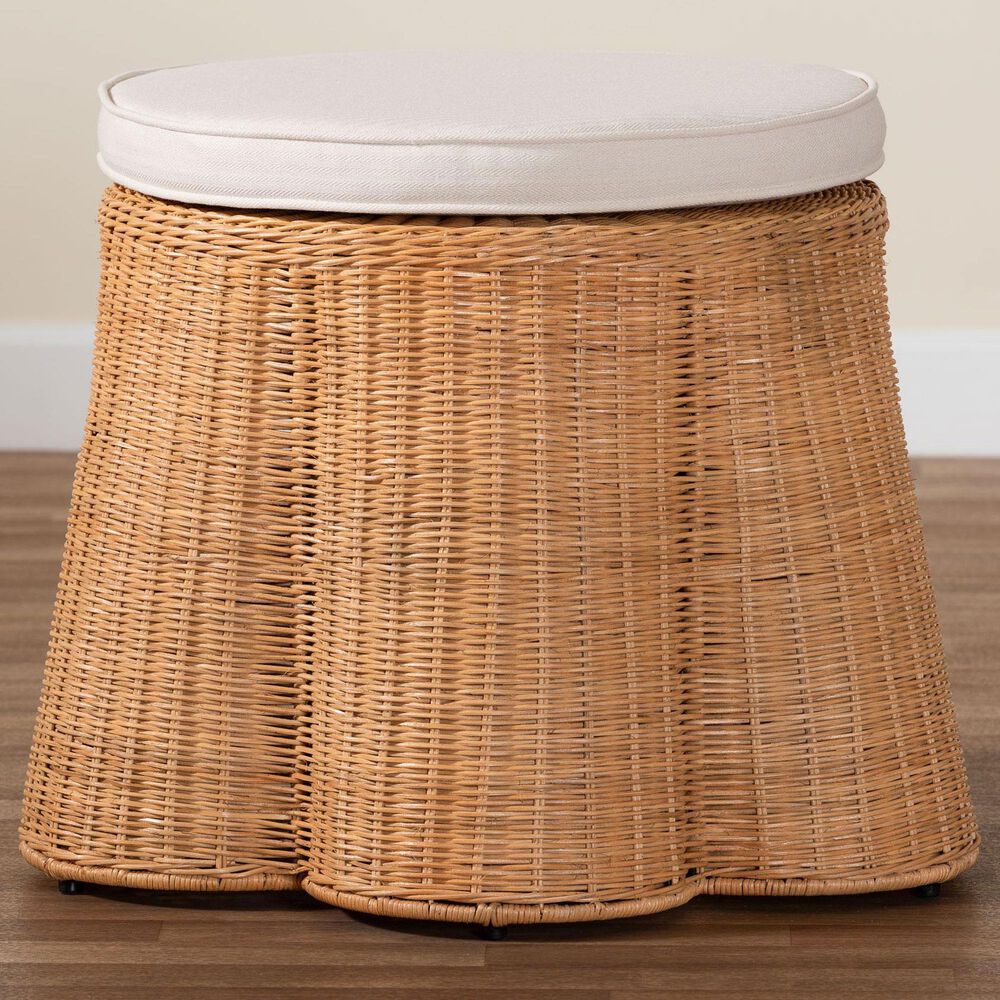 bali &amp; pari Palm 26" Round Ottoman with Light Honey Rattan in White, , large