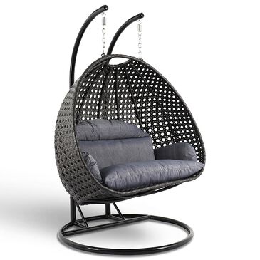 Leisuremod 57" Patio 2-Seat Hanging Egg Swing Chair with Charcoal Blue Cushion in Charcoal, , large
