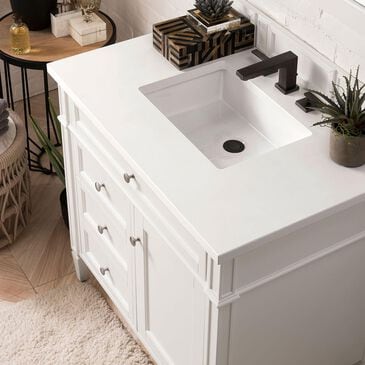 James Martin Brittany 36" Single Bathroom Vanity in Bright White with 3 cm White Zeus Quartz Top and Rectangular Sink, , large