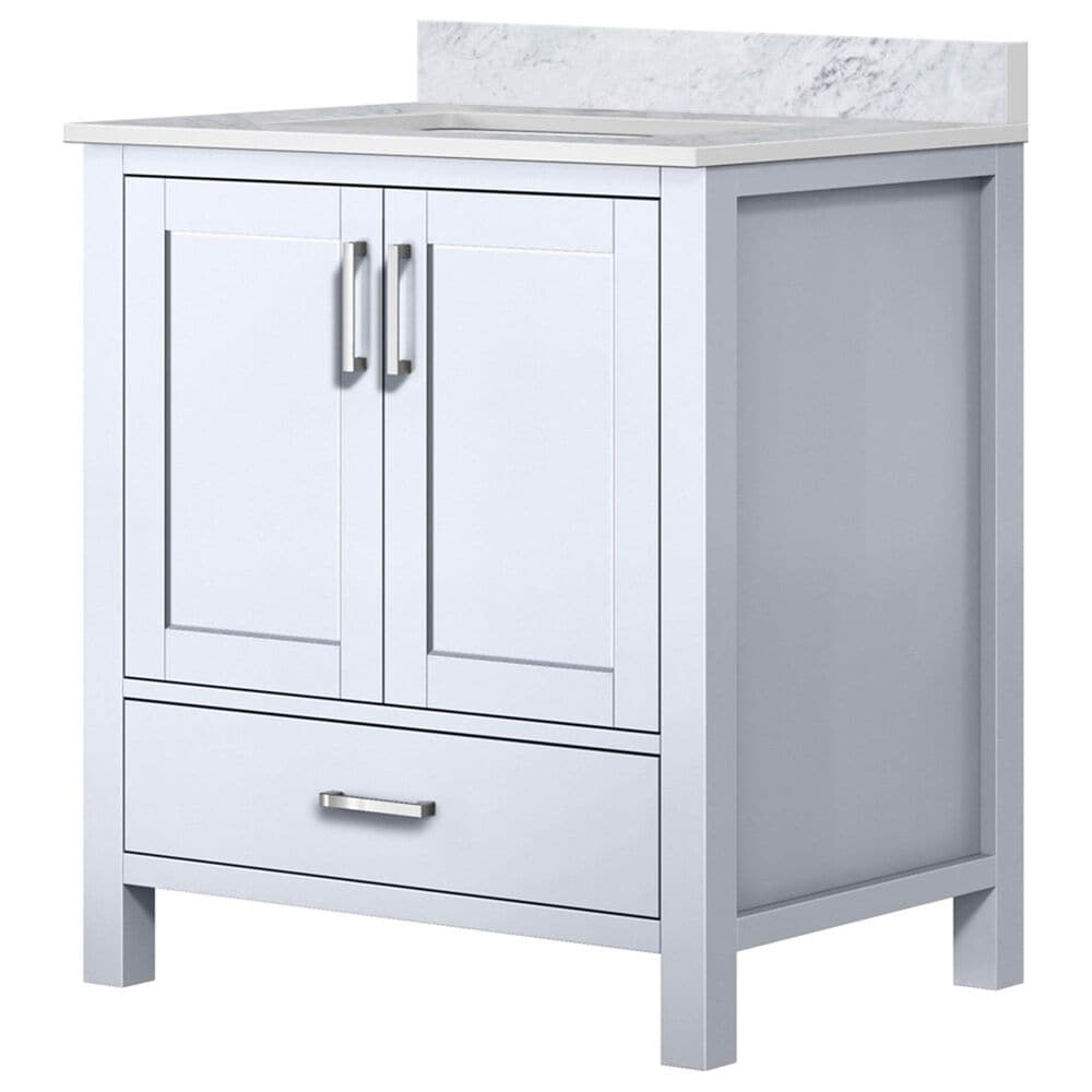 Lexora Home Jacques 30" Single Bathroom Vanity in White with 2 cm White Carrara Marble Top and Rectangular Sink, , large