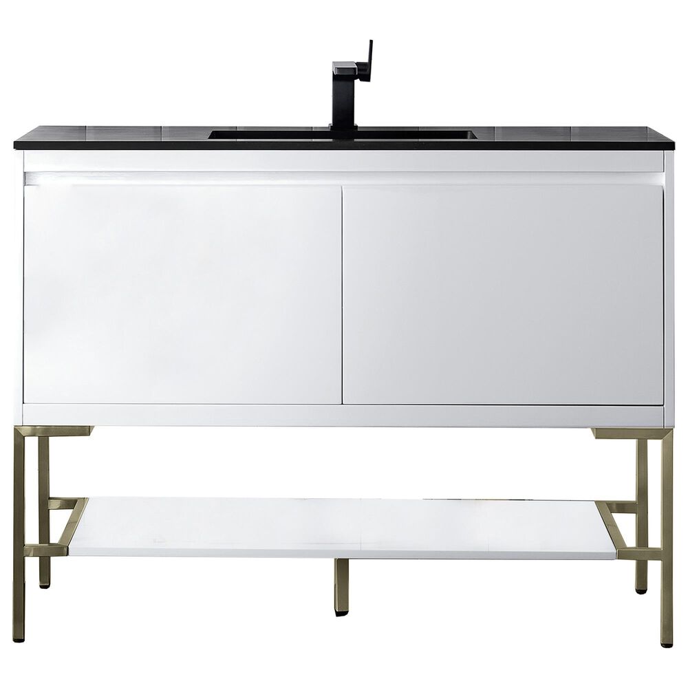 James Martin Vanities Mantova 47.3" Single Vanity in Glossy White and Champagne Brass with 3 cm Charcoal Black Composite Stone Top and Rectangular Sink, , large