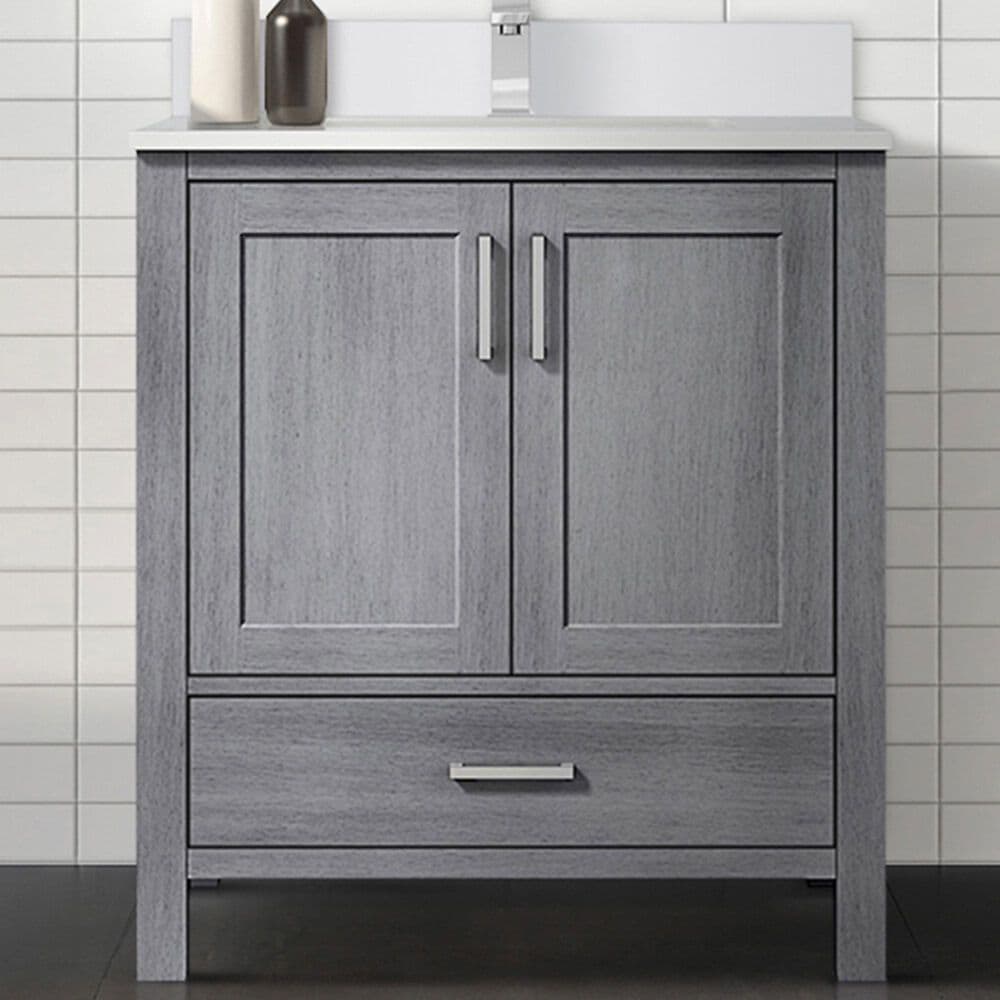 Lexora Home Jacques 30&quot; Single Bathroom Vanity in Distressed Grey with 2 cm White Cultured Marble Top and Rectangular Sink, , large