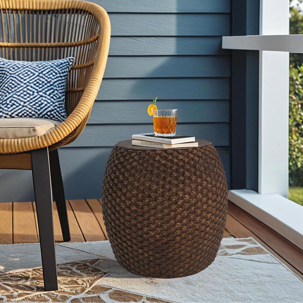 Hearth and Haven Outdoor Faux Rattan Side Table with Basket Weave Pattern in Brown, , large