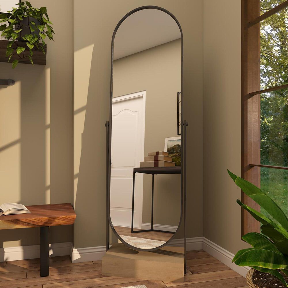 Maple and Jade 67" Oval Floor Mirror with Wood Base in Black and Brown, , large
