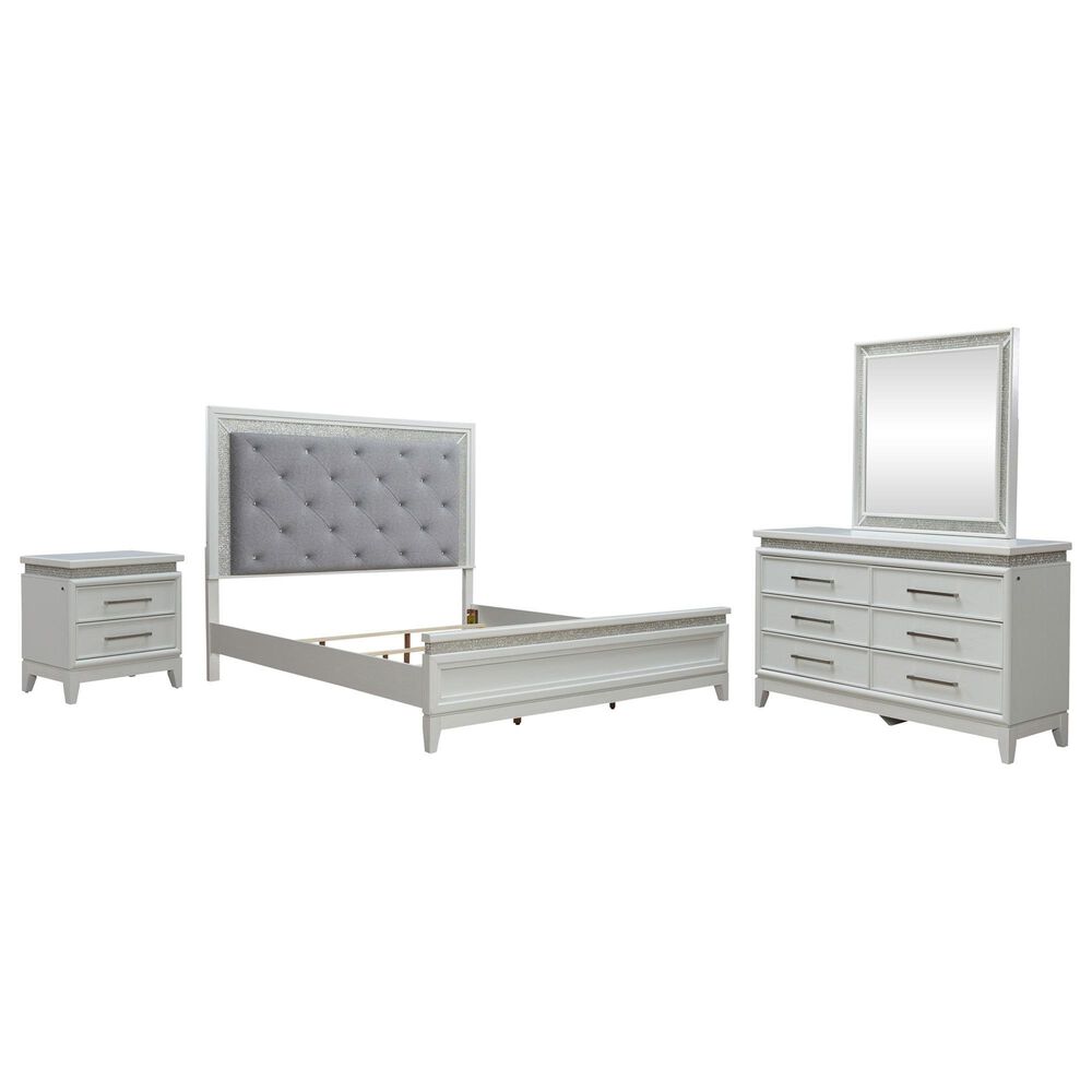 Belle Furnishings Reflections 4-Piece King Upholstered Bedroom Set in Pearl White and Rhinestone, , large