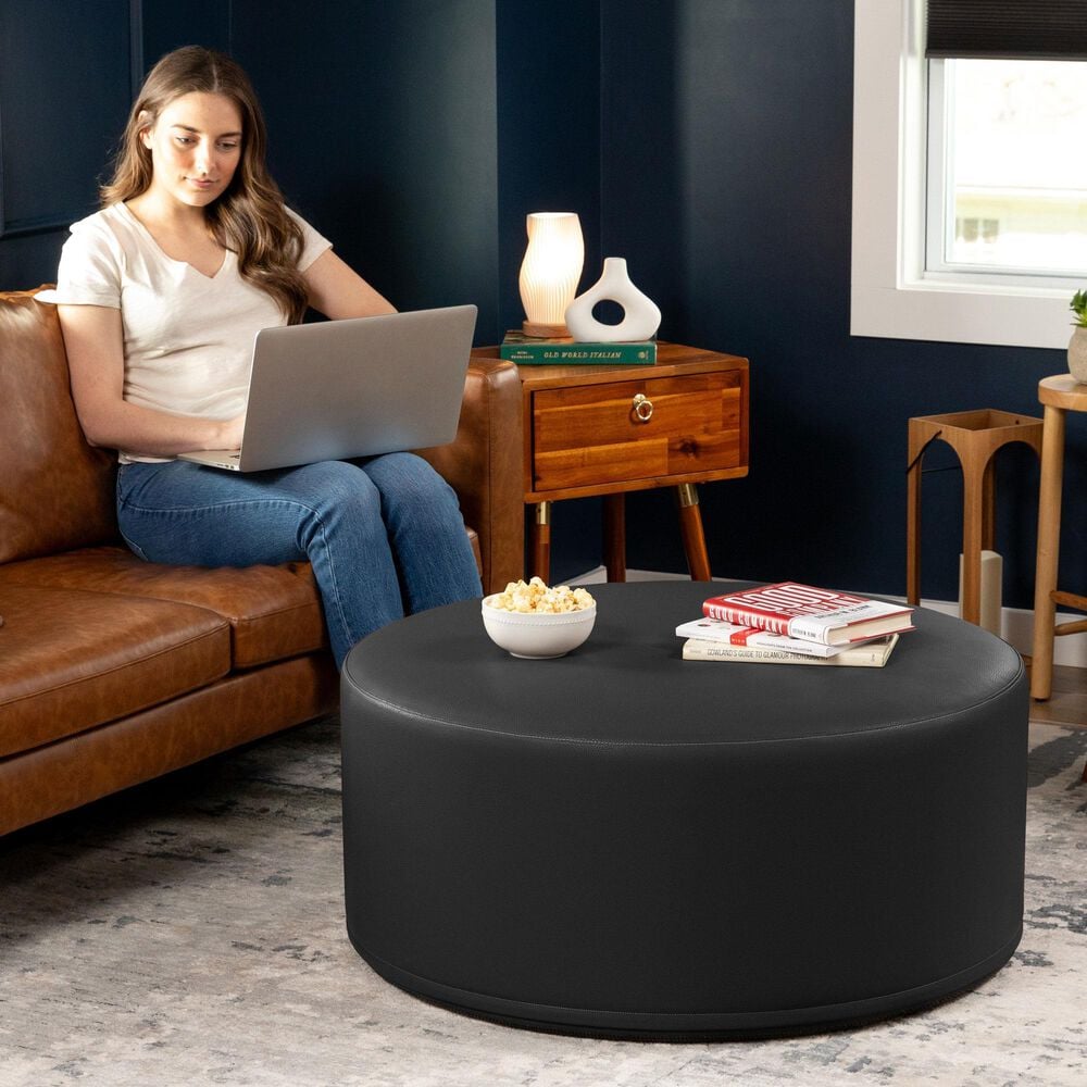 Jaxx Candler Faux Leather Ottoman in Black, , large