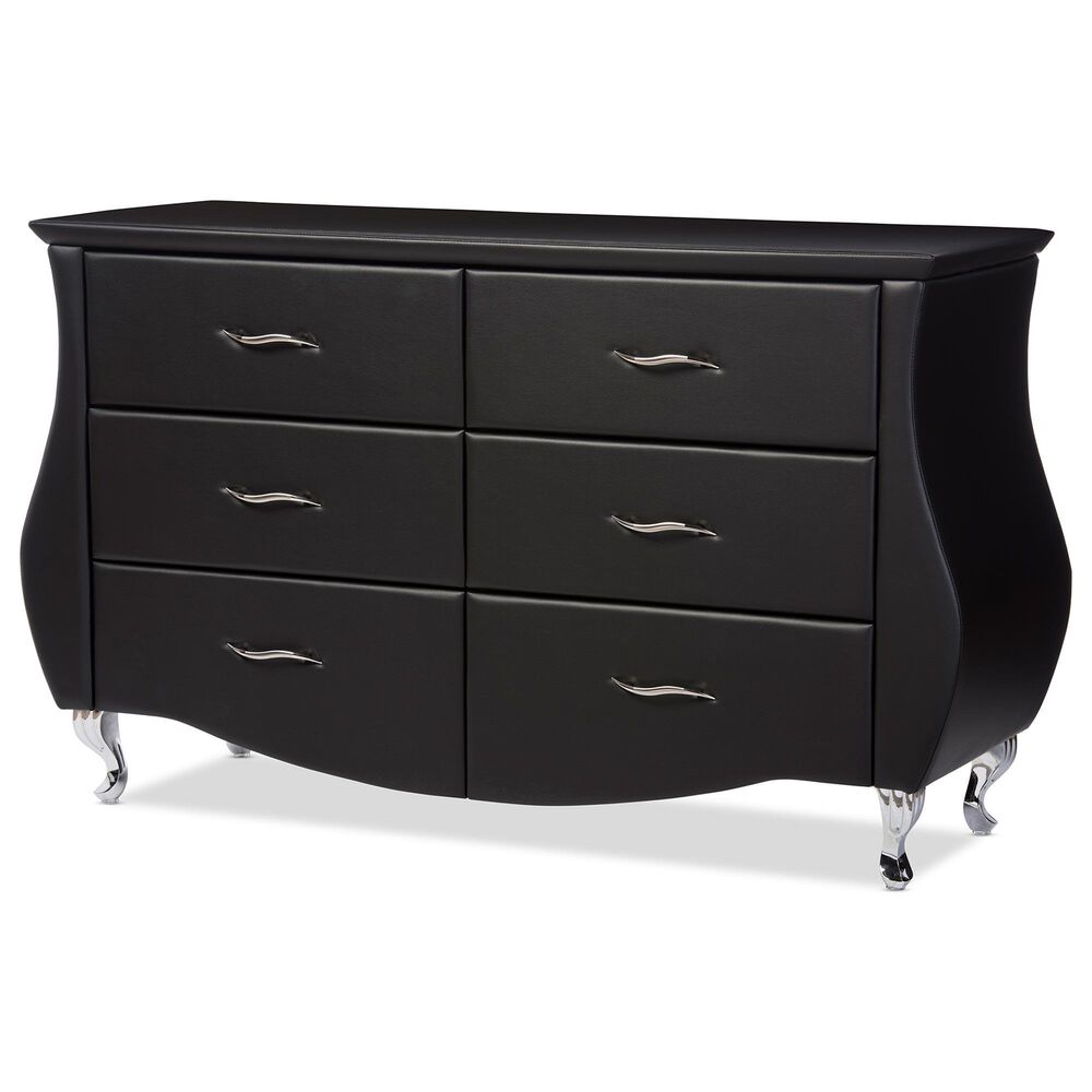 Baxton Studio Enzo 6-Drawer Dresser with Black Upholstered in Stainless Steel, , large
