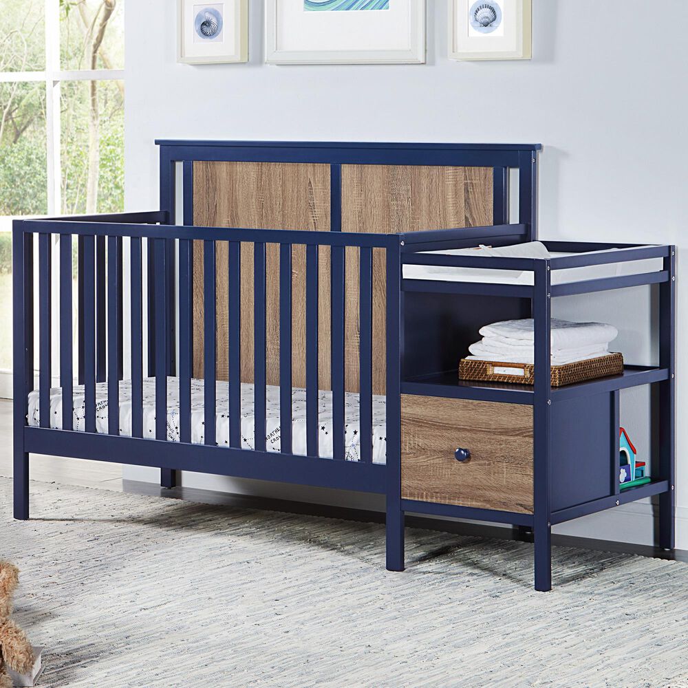 Hearth and Haven Connelly 4-In-1 Convertible Crib with Changer Combo in Midnight Blue and Vintage Walnut, , large