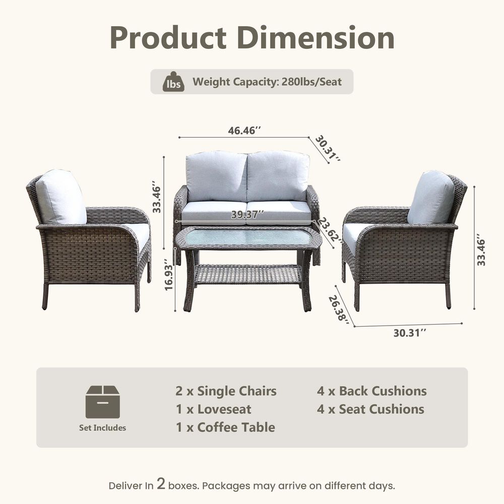 HOMLUX 4-Piece Patio Conversation Set with Grey Wicker in Beige, , large