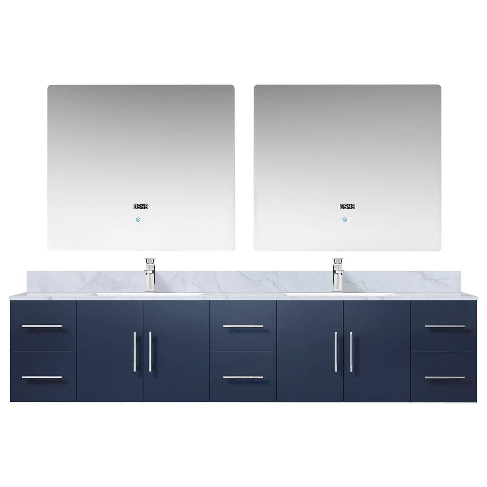 Lexora Home Geneva 84&quot; Double Bathroom Vanity in Navy Blue with 2 cm White Carrara Marble Top, Rectangular Sinks and 36&quot; LED Mirrors, , large