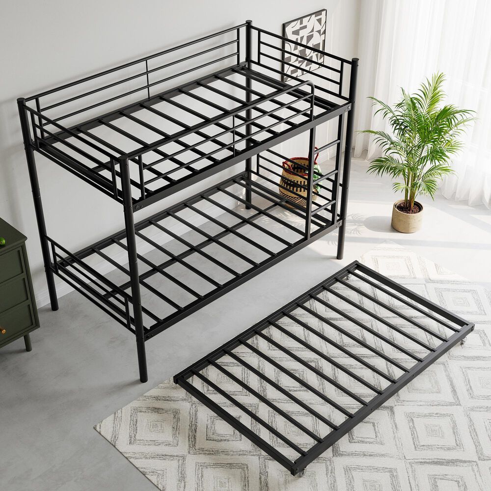 Hearth and Haven Twin Metal Bunk Bed with Trundle Ladder and Full-Length Guardrail in Black, , large