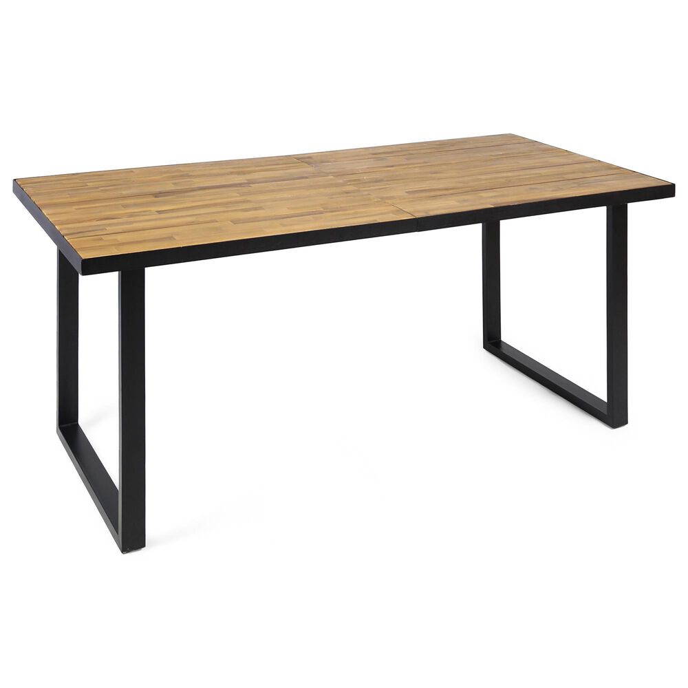 Hearth and Haven Outdoor 70 Inch Dining Table with Wood Top and Sled Base in Teak and Black, , large