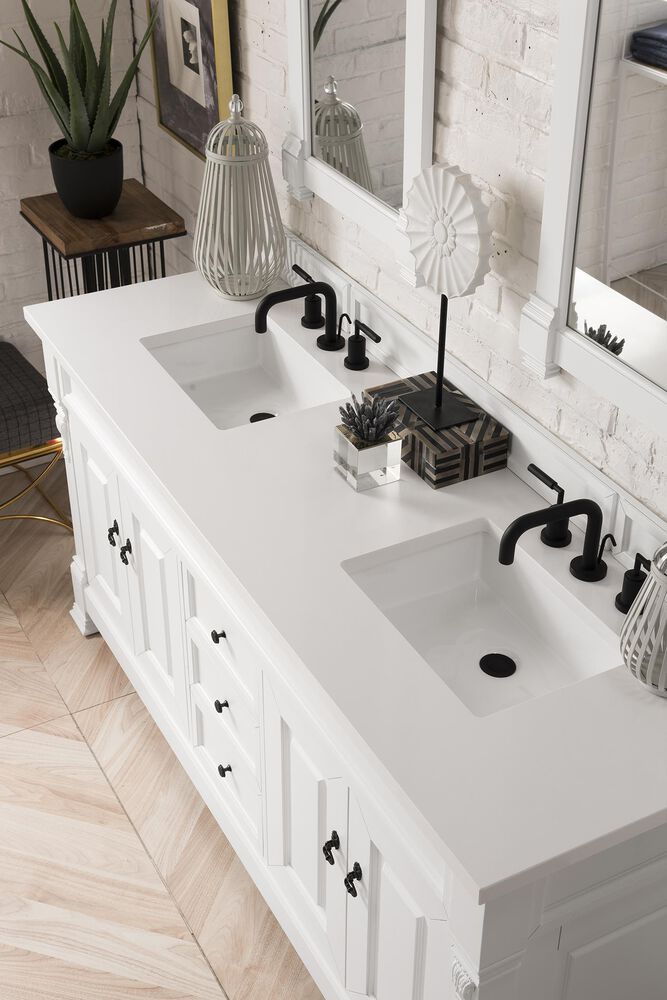 James Martin Vanities Brookfield 72&quot; Double Bathroom Vanity in Bright White with 3 cm White Zeus Quartz Top and Rectangular Sinks, , large