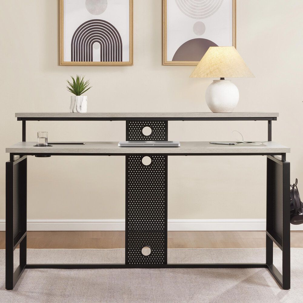 Valor Living Ace Computer Desk with Hutch in Grey Taupe and Matte Black, , large