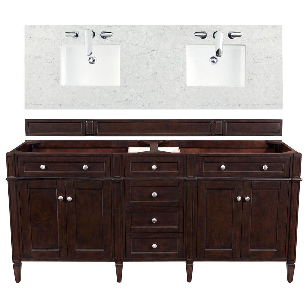 James Martin Vanities Brittany 72" Double Bathroom Vanity in Burnished Mahogany with 3 cm Eternal Jasmine Pearl Quartz Top and Rectangle Sinks, , large