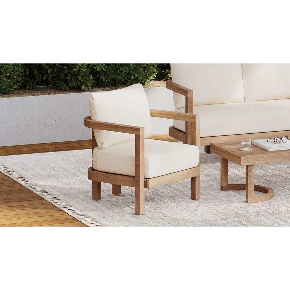 Hearth and Haven Outdoor Acacia Wood Club Chair with Open Back and Beige Cushions in Brown, , large