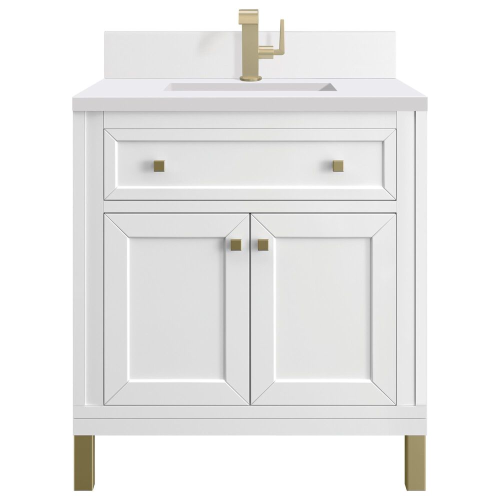 James Martin Vanities Chicago 30" Single Bathroom Vanity in Glossy White with Single Hole 3 cm White Zeus Quartz Top and Rectangular Sink, , large