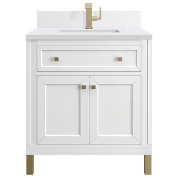 James Martin Vanities Chicago 30" Single Bathroom Vanity in Glossy White with Single Hole 3 cm White Zeus Quartz Top and Rectangular Sink, , large