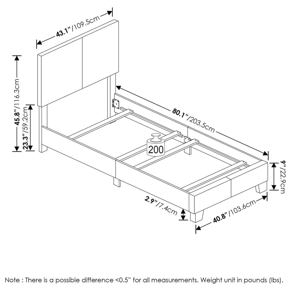 HOMLUX Pessac Twin Fabric Upholstered Panel Bed Frame in Glacier, , large