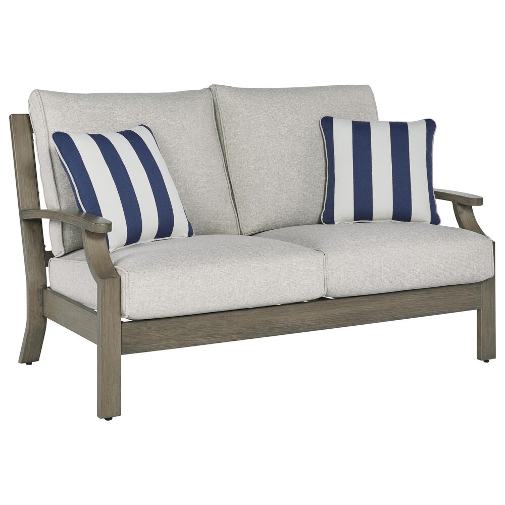 Ashley Rainier Ranch Outdoor Loveseat with Beige Cushion in Brown, , large