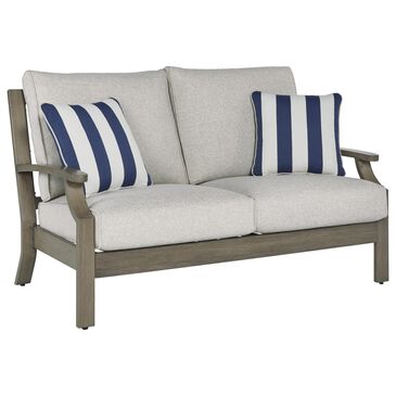 Ashley Rainier Ranch Outdoor Loveseat with Beige Cushion in Brown, , large