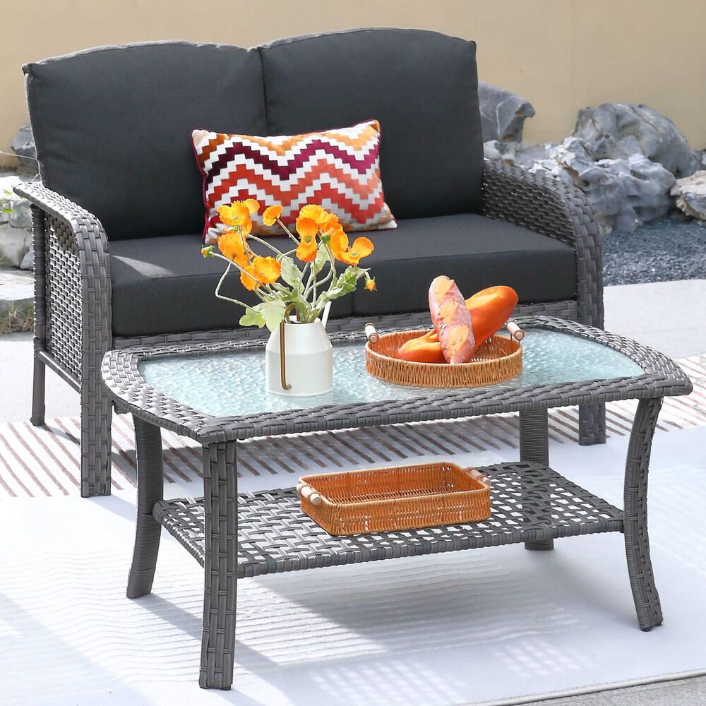 HOMLUX 2-Piece Patio Loveseat and Coffee Table Set in Black, , large