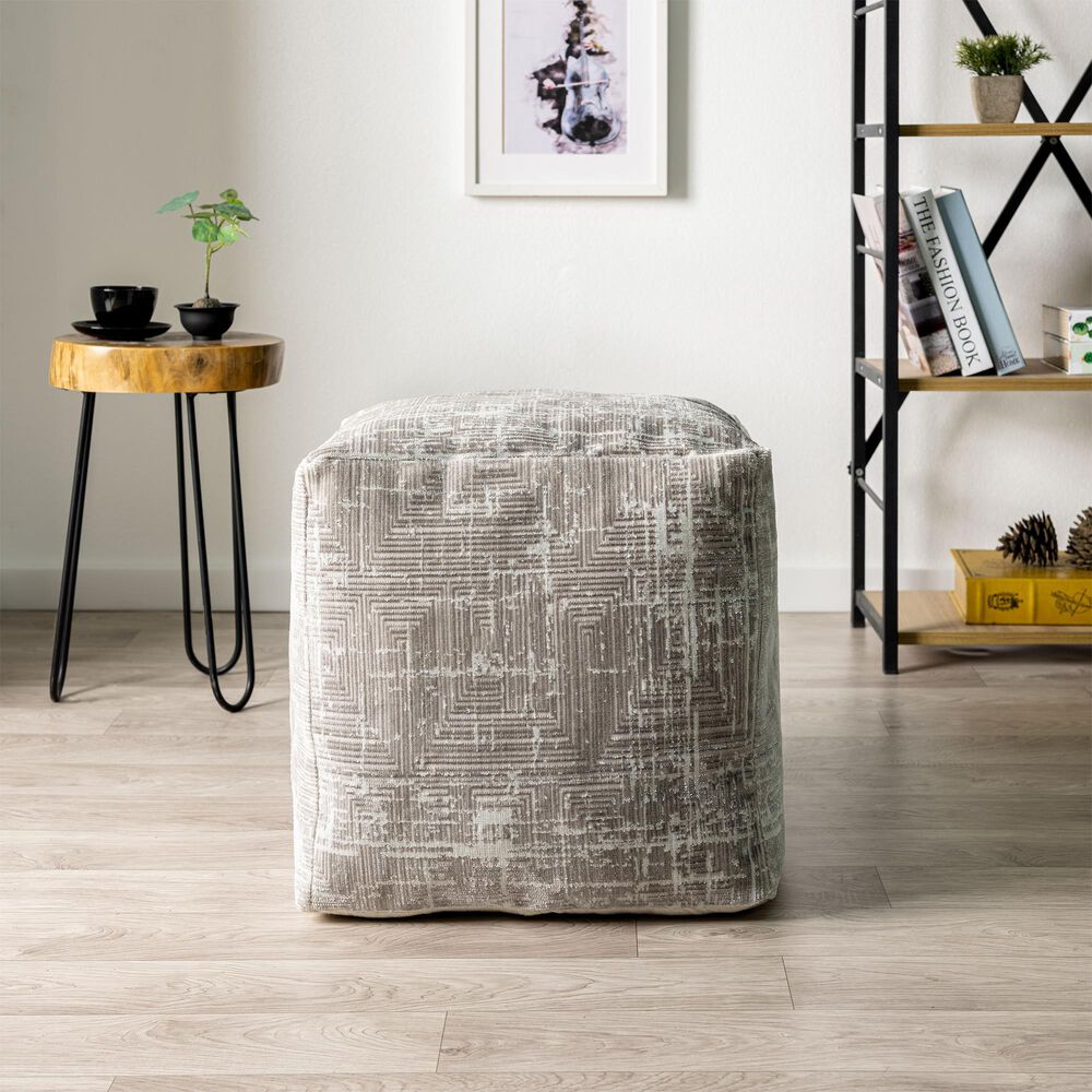 LR Home 18" Square Pouf in Gray and Beige, , large