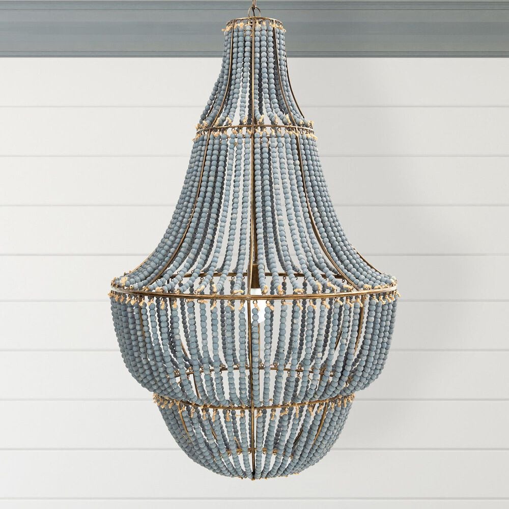 Creative Coop Laurel Draped Wood Bead Chandelier with Brushed Gold and Faded Blue Shade, , large