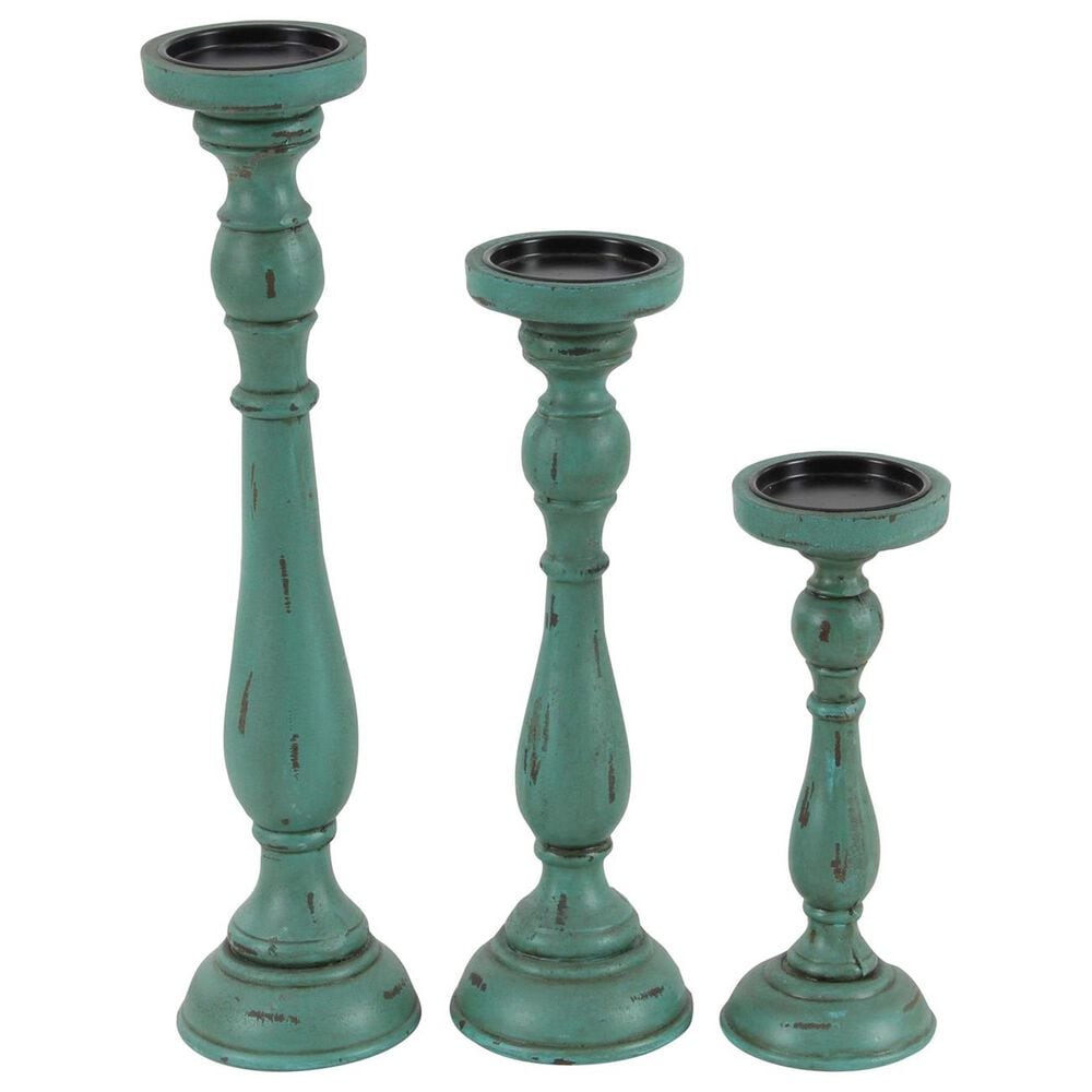 Maple and Jade Turned Pillar Decorative Candle Holder in Distressed Teal and Brown (Set of 3), , large