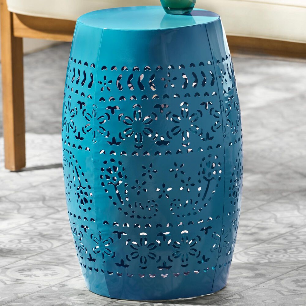 Hearth and Haven Ruby Outdoor Barrel End Table with Lace-Cut Design in Blue, , large