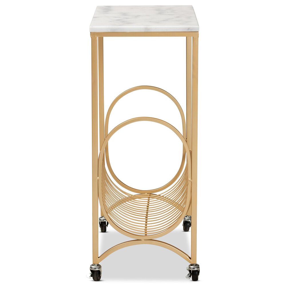 Baxton Studio Jacek Wine Cart in Gold and White Marble, , large