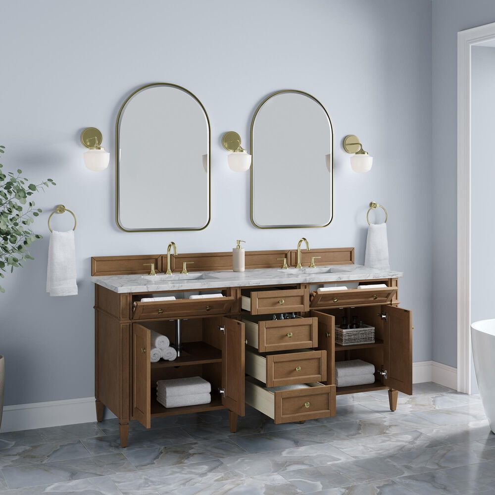 James Martin Brittany 72" Double Bathroom Vanity in Pecan with 3 cm Carrara Marble Top and Rectangular Sinks, , large