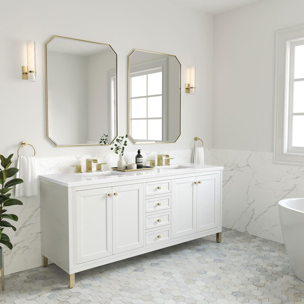 James Martin Vanities Chicago 72&quot; Double Bathroom Vanity in Glossy White with 3 cm White Zeus Quartz Top and Rectangular Sinks, , large