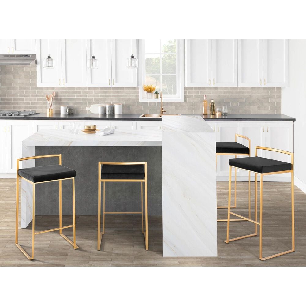Lumisource Fuji Stackable Barstool with Black Velvet Cushion in Gold &#40;Set of 2&#41;, , large