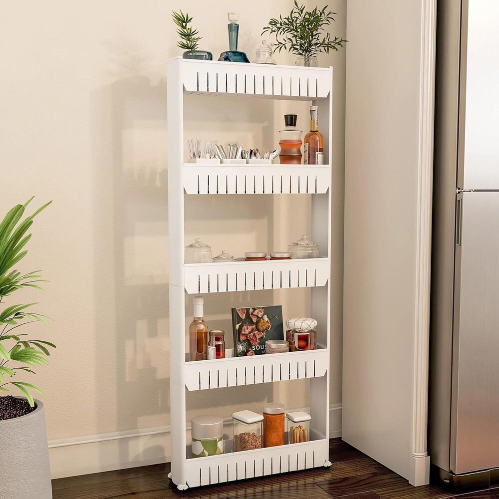 Timberlake Lavish Home Slim Slide Out 5 -Tier Storage Tower with Wheels in White, , large