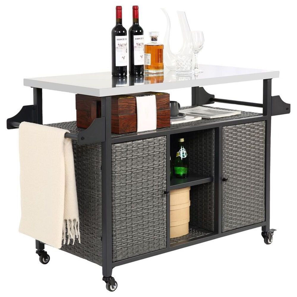 Hearth and Haven 2-Door Outdoor Bar Cart with Stainless Steel Top in Grey, , large