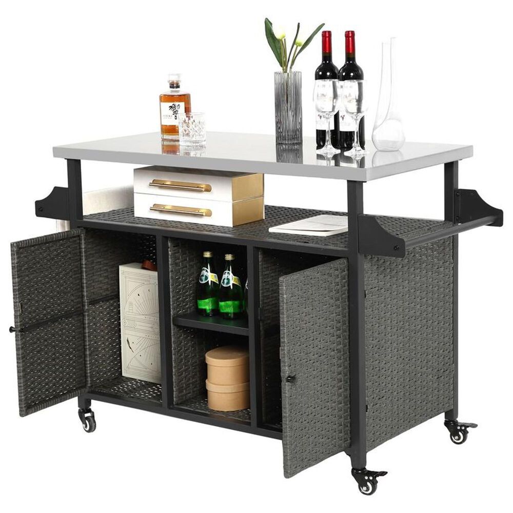 Hearth and Haven 2-Door Outdoor Bar Cart with Stainless Steel Top in Grey, , large