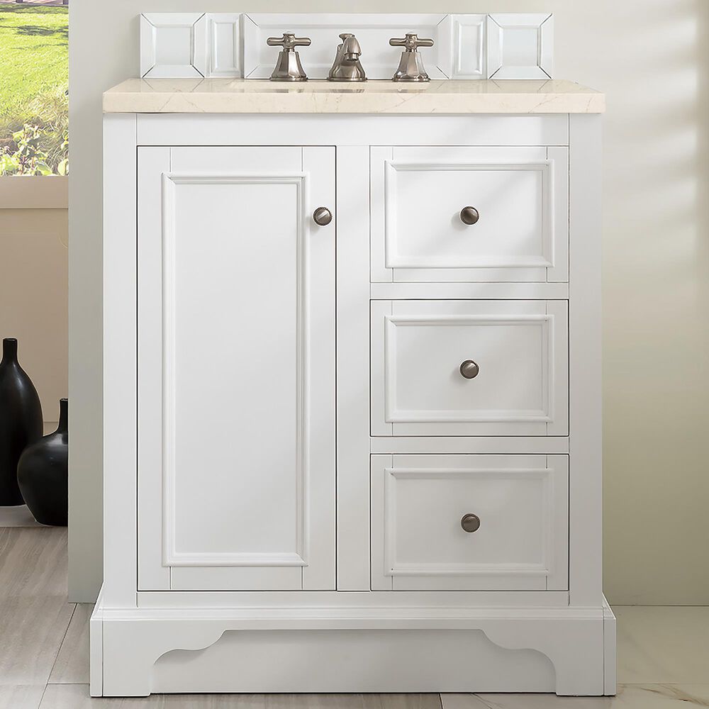 James Martin Vanities De Soto 30&quot; Single Bathroom Vanity in Bright White with 3 cm Eternal Marfil Quartz Top and Rectangular Sink, , large
