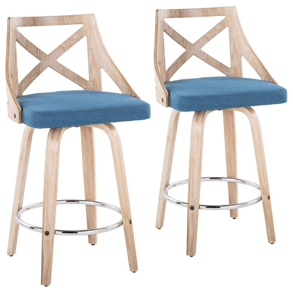 LumiSource Charlotte Swivel Counter Stool with Blue Fabric Upholstery in Whitewashed and Chrome (Set of 2), , large
