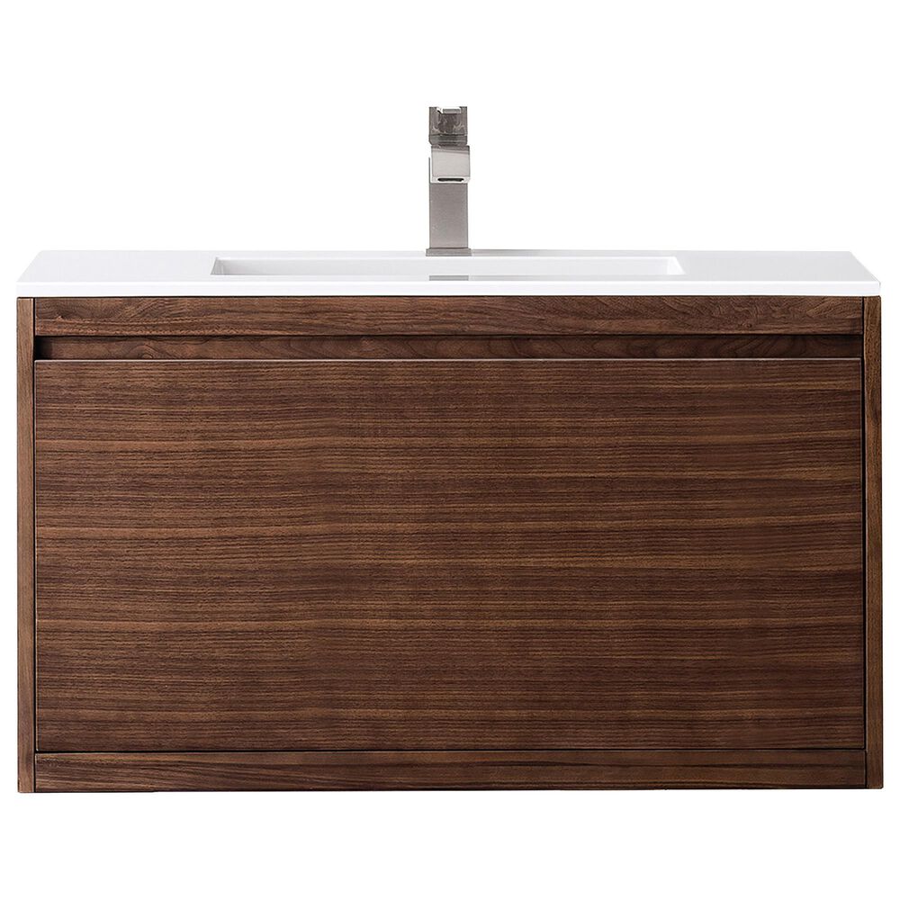 James Martin Vanities Mantova 35.4" Single Vanity in Mid-Century Walnut and Matte Black with 3 cm Glossy White Composite Stone Top and Rectangular Sink, , large