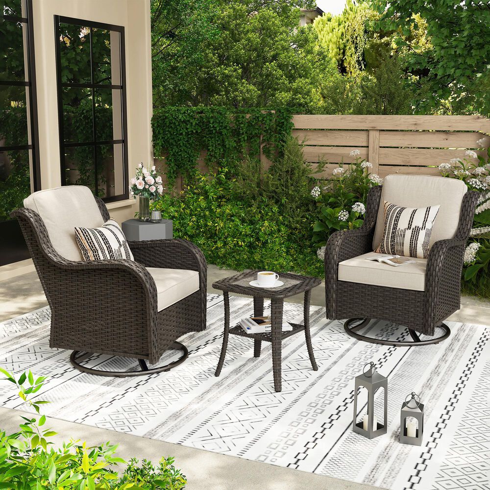 HOMLUX 3-Piece Patio Conversation Set with Curved-Arm Swivel Rocking Chairs and Brown Wicker in Beige, , large