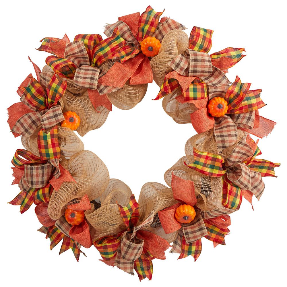 Nearly Natural Inc 30in. Autumn Pumpkin with Decorative Bows Artificial Fall Wreath, , large