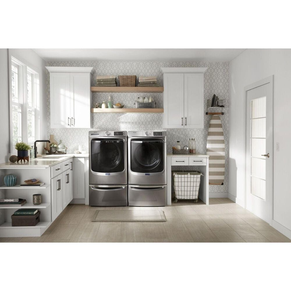 Maytag 5 Cu. Ft. Front Load Washer and 7.3 Cu. Ft. Gas Dryer Laundry Pair with Pedestal in Metallic Slate, , large