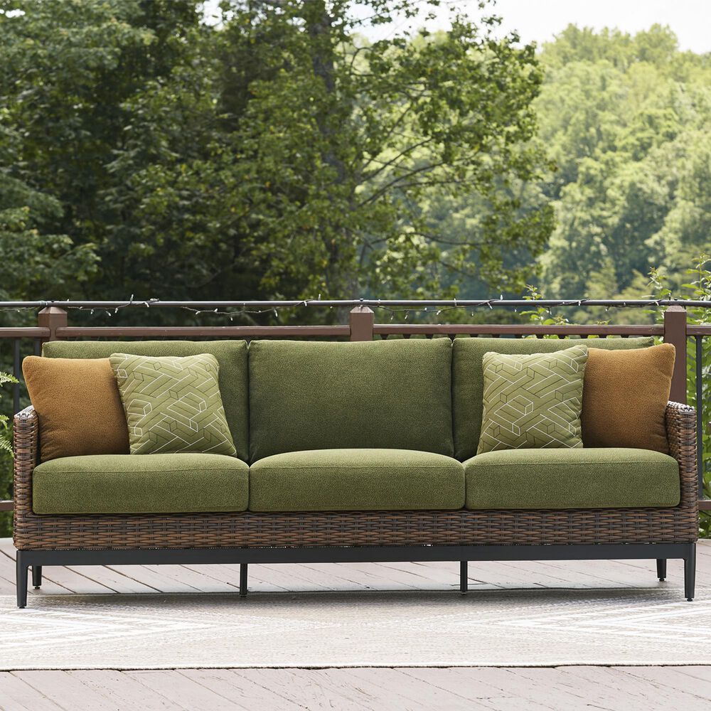 Ashley Horizon Hall Outdoor Sofa with Green Cushion in Brown, , large