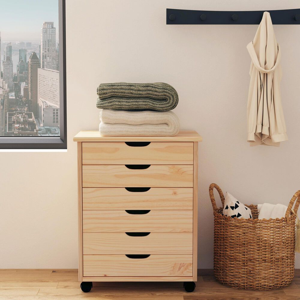 Linon Home Decor Cary 6-Drawer Wide Rolling Cart in Natural, , large