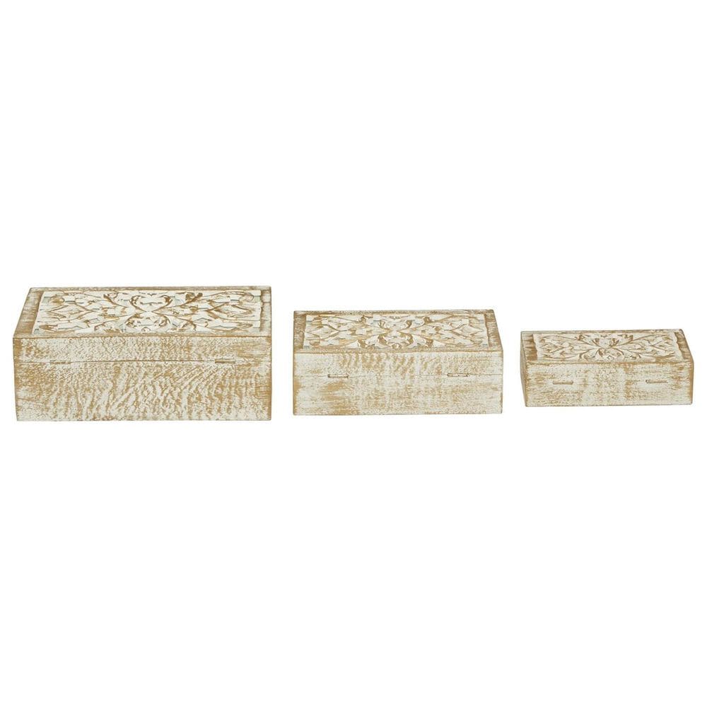 Maple and Jade 3-Piece Handmade Floral Decorative Box Set with Hinged Lid in White and Brown, , large