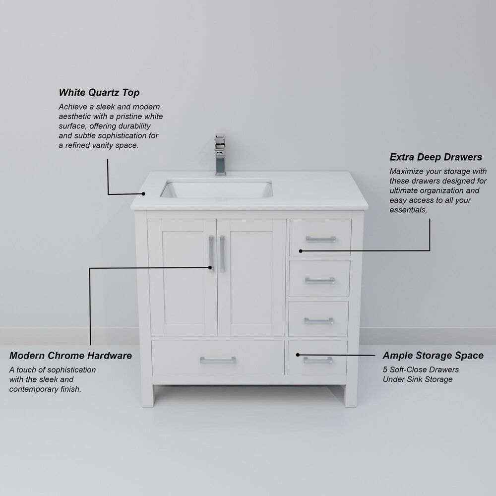 Lexora Home Jacques 36&quot; Left Offset Single Bathroom Vanity in White with 2 cm White Quartz Top and Rectangular Sink, , large