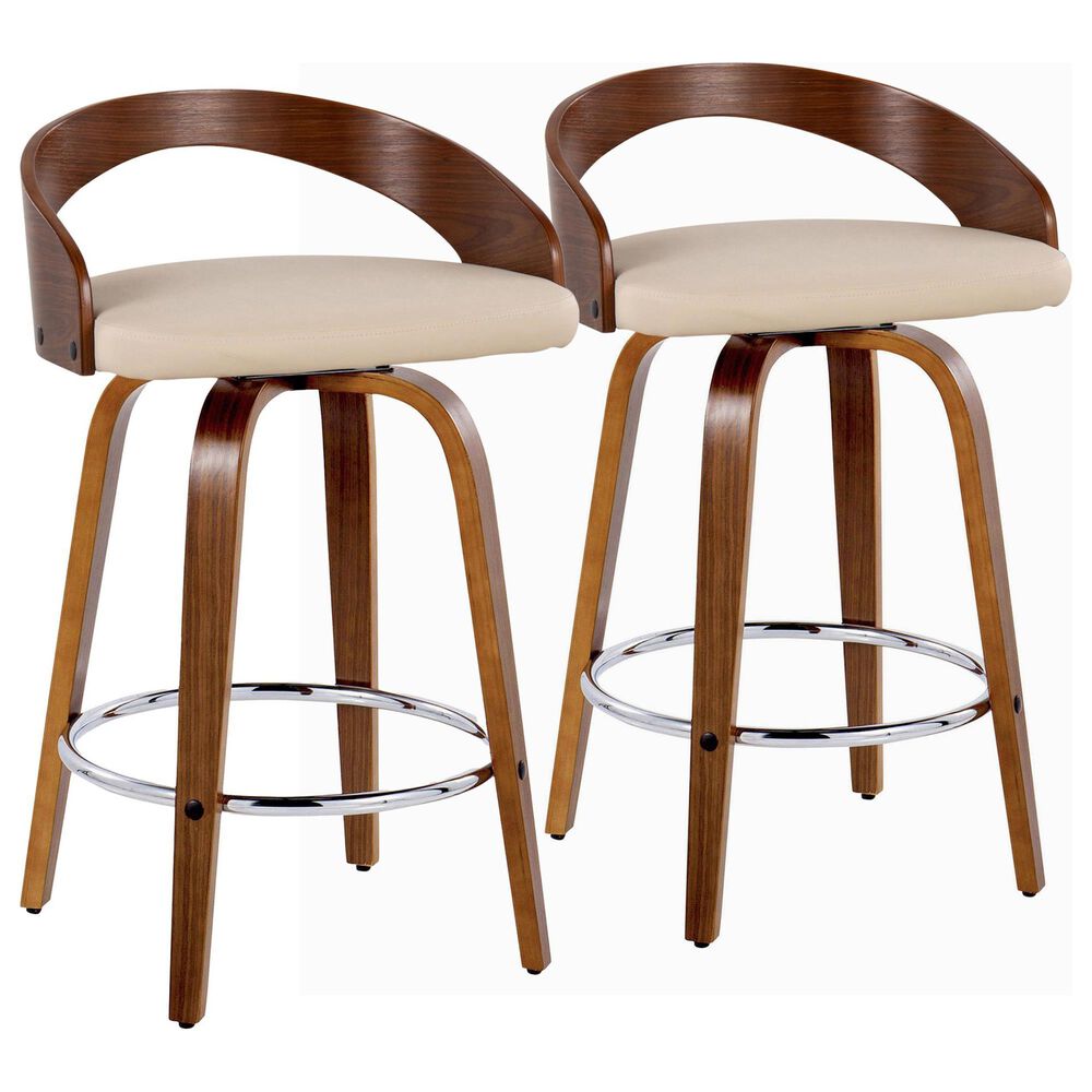 LumiSource Grotto 26" Swivel Counter Stool with Cream Faux Leather Upholstery in Walnut and Chrome (Set of 2), , large