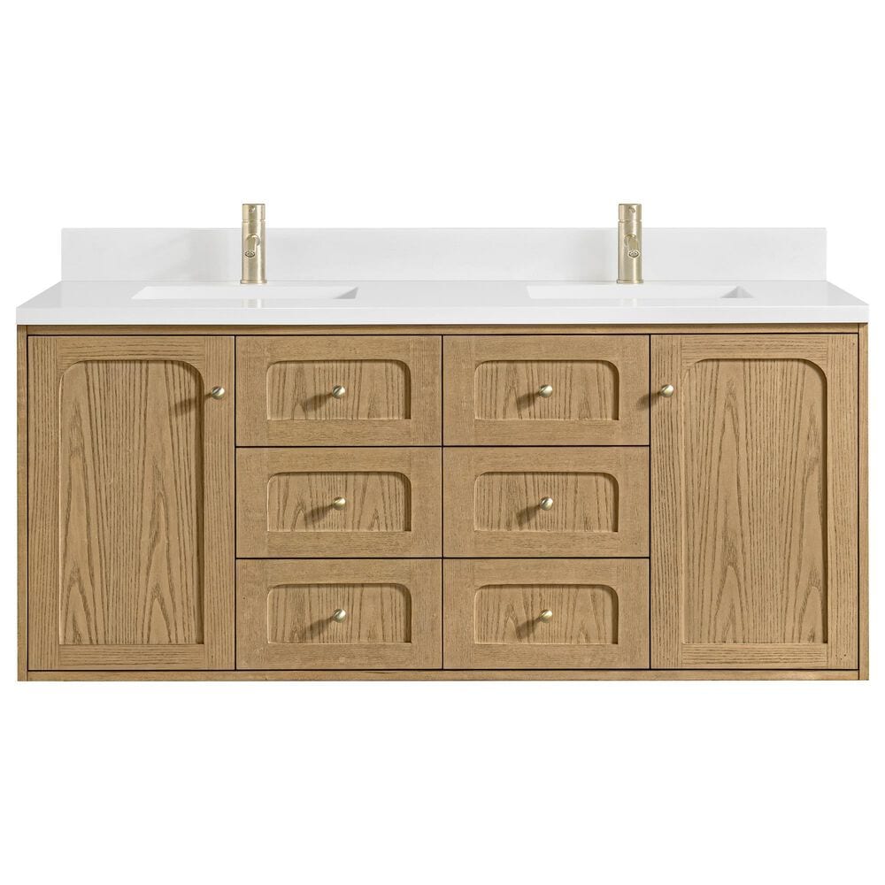 James Martin Vanities Laurent 60&quot; Double Bathroom Vanity in Light Natural Oak with Single Hole 3 cm White Zeus Quartz Top and Rectangular Sinks, , large